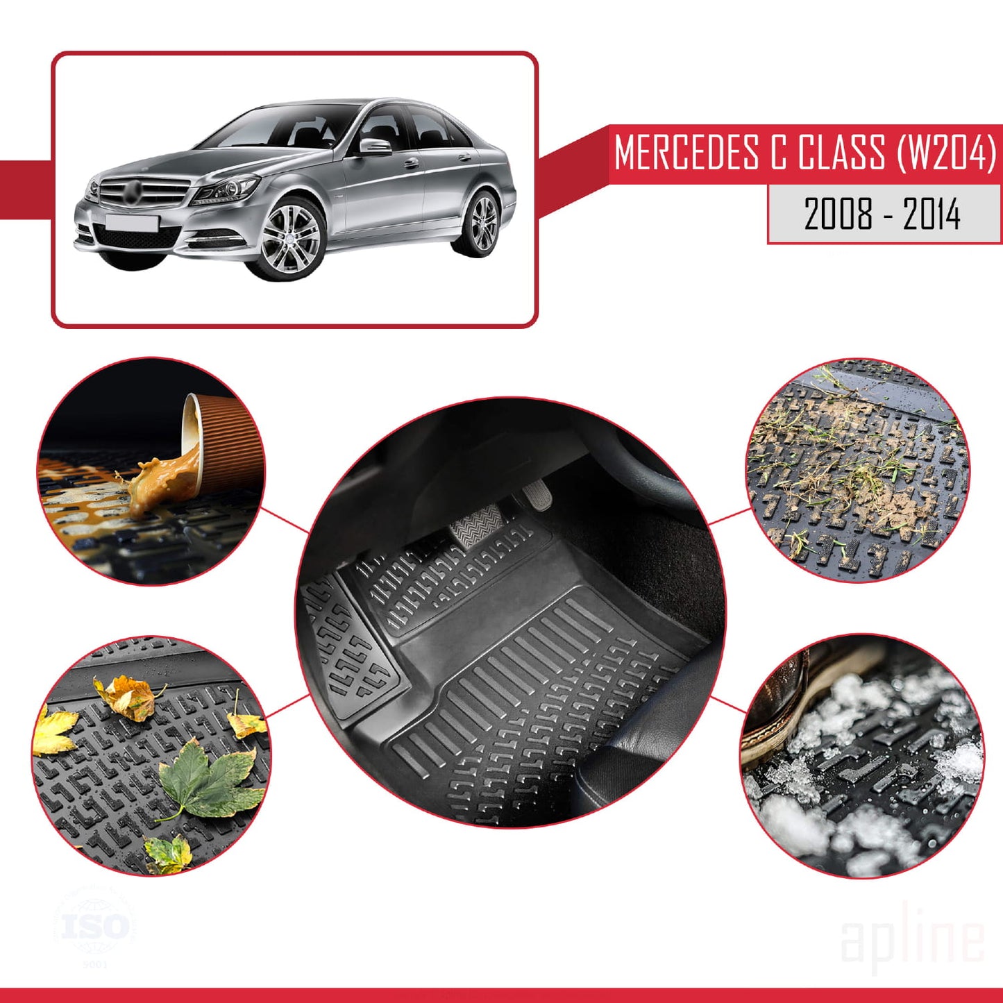 Compatible with Mercedes C Class 3 (W204) 2008-2014 4D Car mats Black