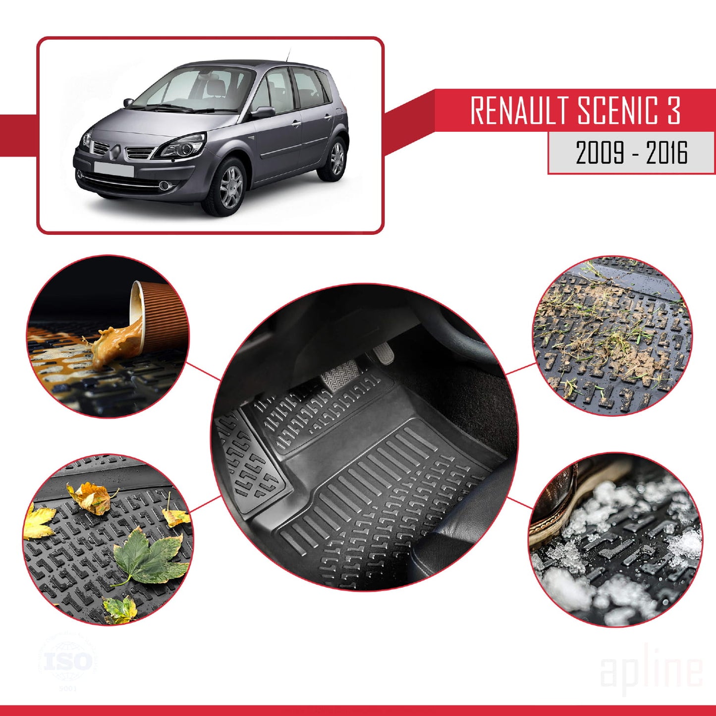 Compatible avec Renault Scenic 3 2009-2016 4D Tapis de Voiture Noir
