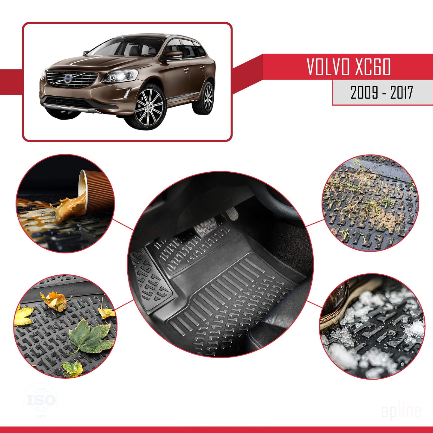 Compatible avec Volvo XC60 2009-2017 4D Tapis de Voiture Noir