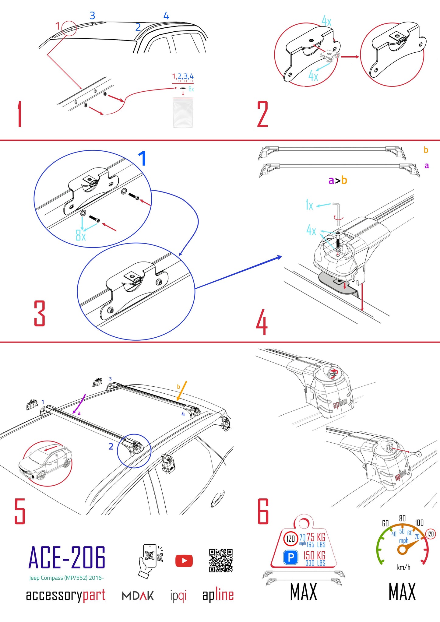 Compatible avec Jeep Compass (MP552) 2017-2025 ACE-2 modèle Barres de Toit Railing Porte-Bagages de Voiture Noir Aluminium Barres