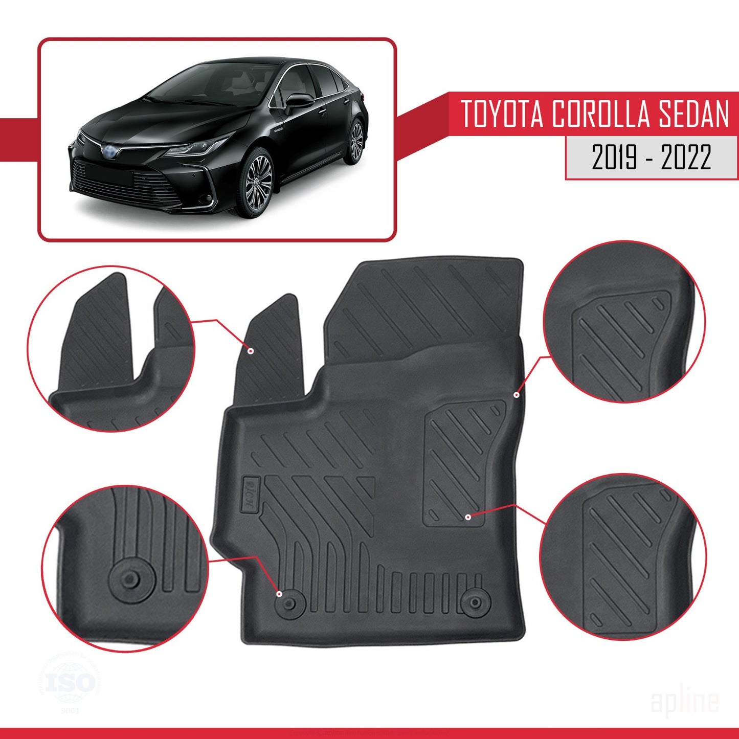 Compatible avec Toyota Corolla 12 (E210) Berline 2019-2022 4D Tapis de Voiture Noir