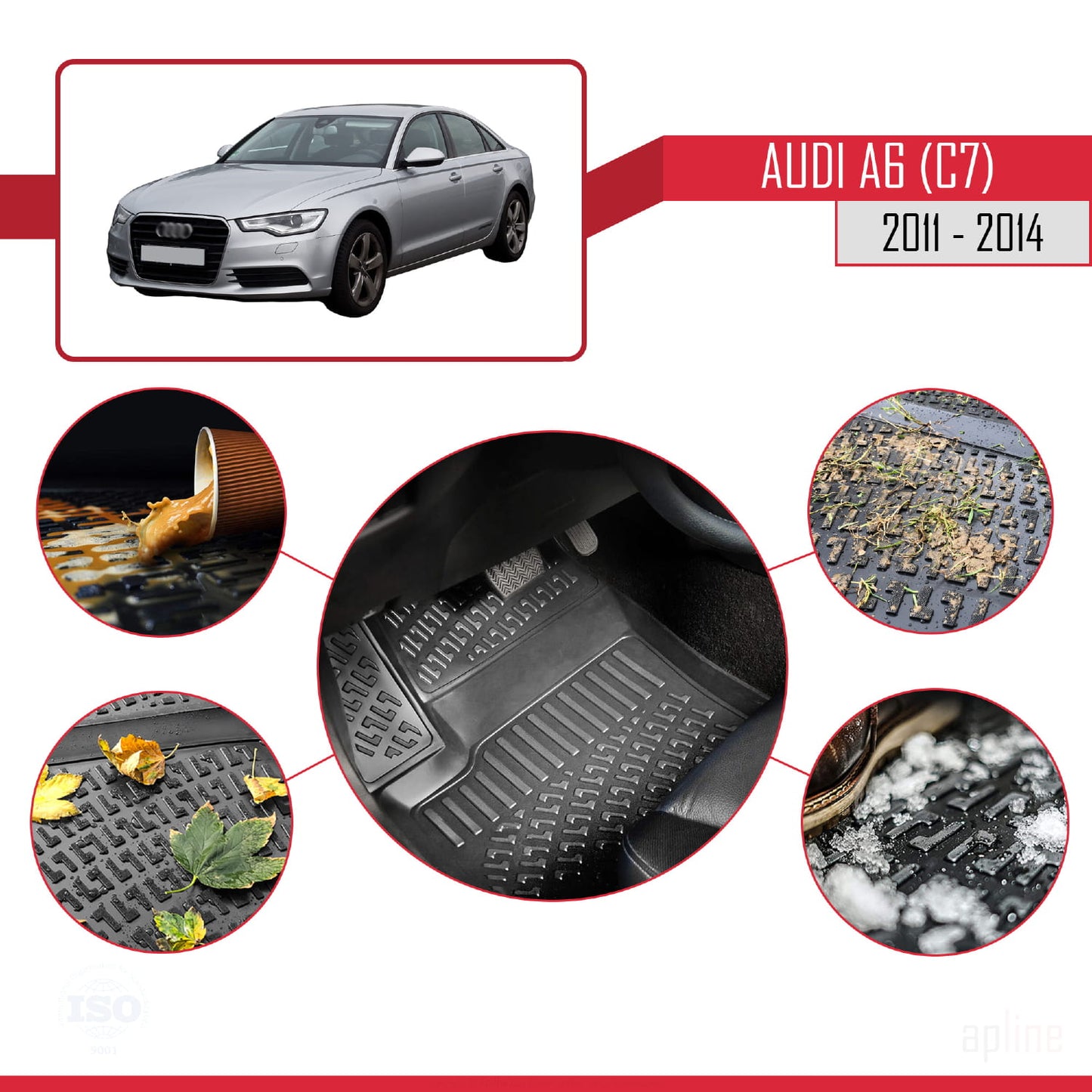 Compatible avec A6 (C7) 2011-2014 4D Tapis de Voiture Noir