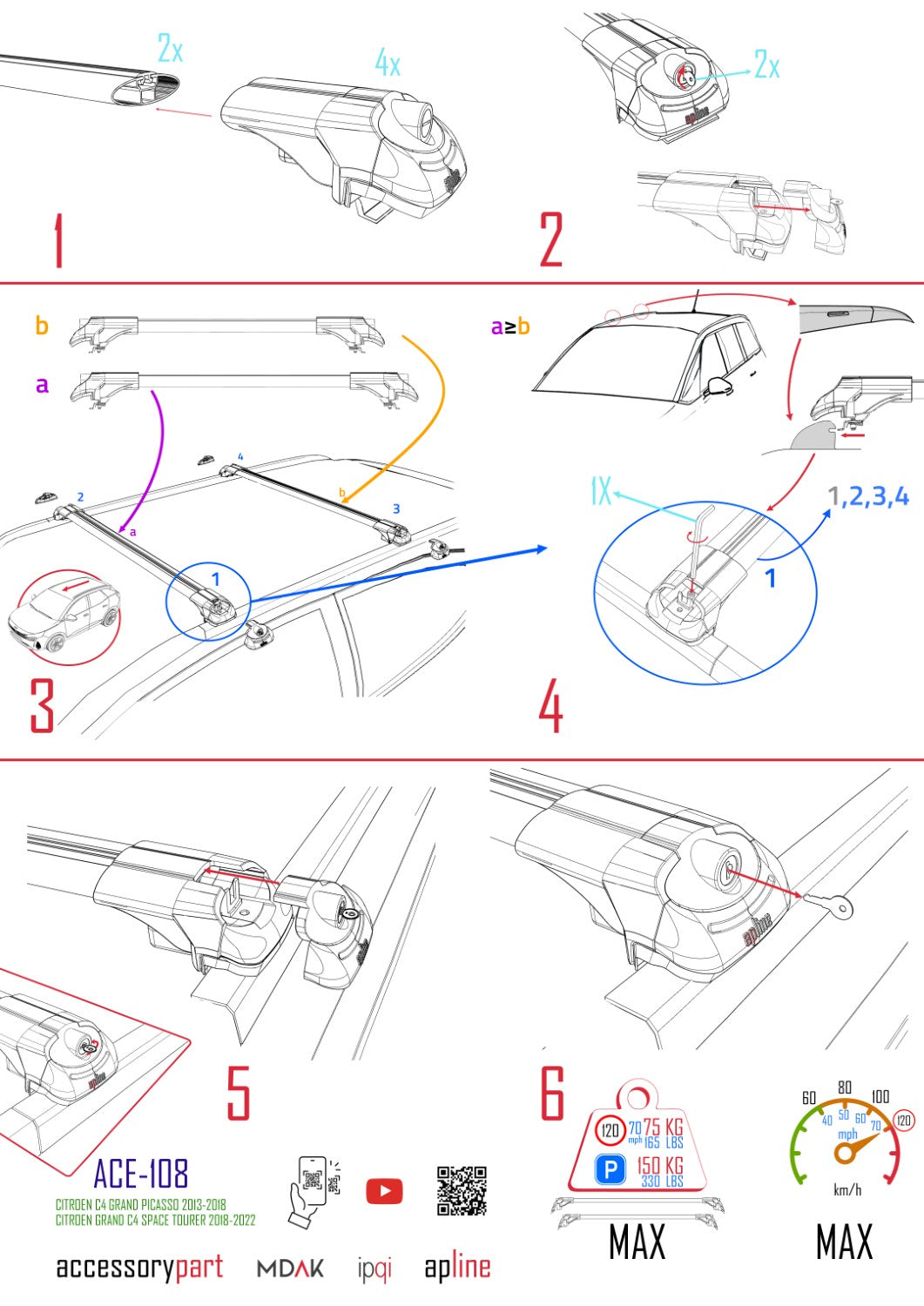 Compatible avec Citroen Grand C4 Space Tourer 2018-2022 ACE-1 Barres de Toit Railing Porte-Bagages de Voiture Gris Aluminium 2 Barres