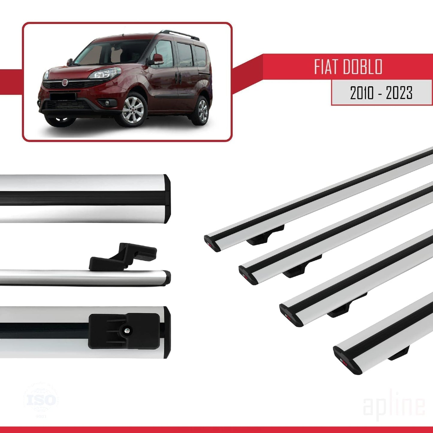 Compatible avec Fiat Doblo 2 2010-2022 BASIC Model Barres de Toit Railing Porte-Bagages de Voiture Gris Aluminium 4 Barres
