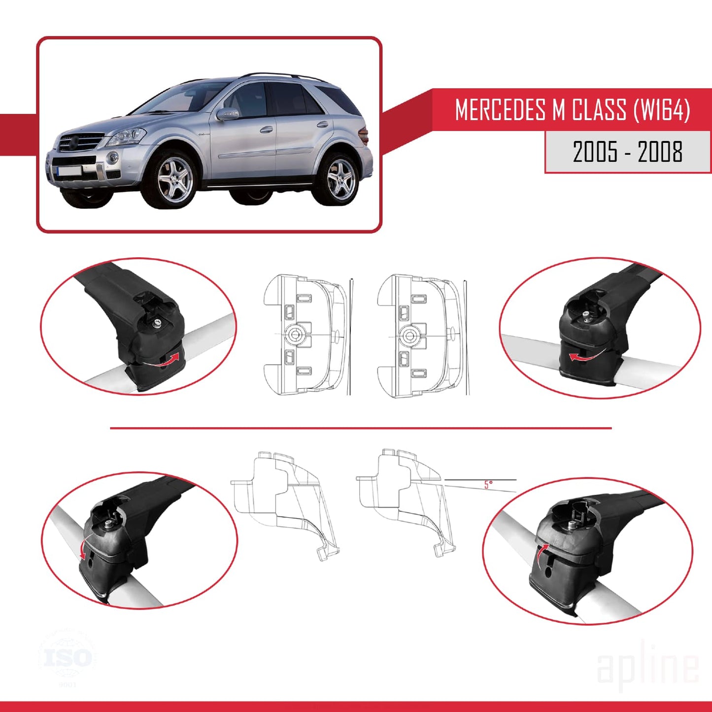 Compatible avec Mercedes Classe M 2 (W164) Pre-Facelift 2005-2008 ACE-2 Barres de Toit Railing Porte-Bagages de Voiture Noir Aluminium 2 Barres