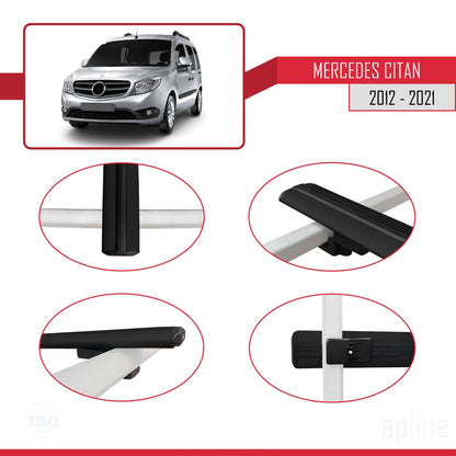 Compatible avec Mercedes Citan (W415) 2012-2021 BASIC Model Barres de Toit Railing Porte-Bagages de Voiture Noir Aluminium 2 Barres