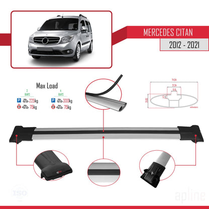 Compatible with Mercedes Citan (W415) 2012-2021 FLY Model Car Roof Rack Cross Bar Grey Aluminium 3 Bars
