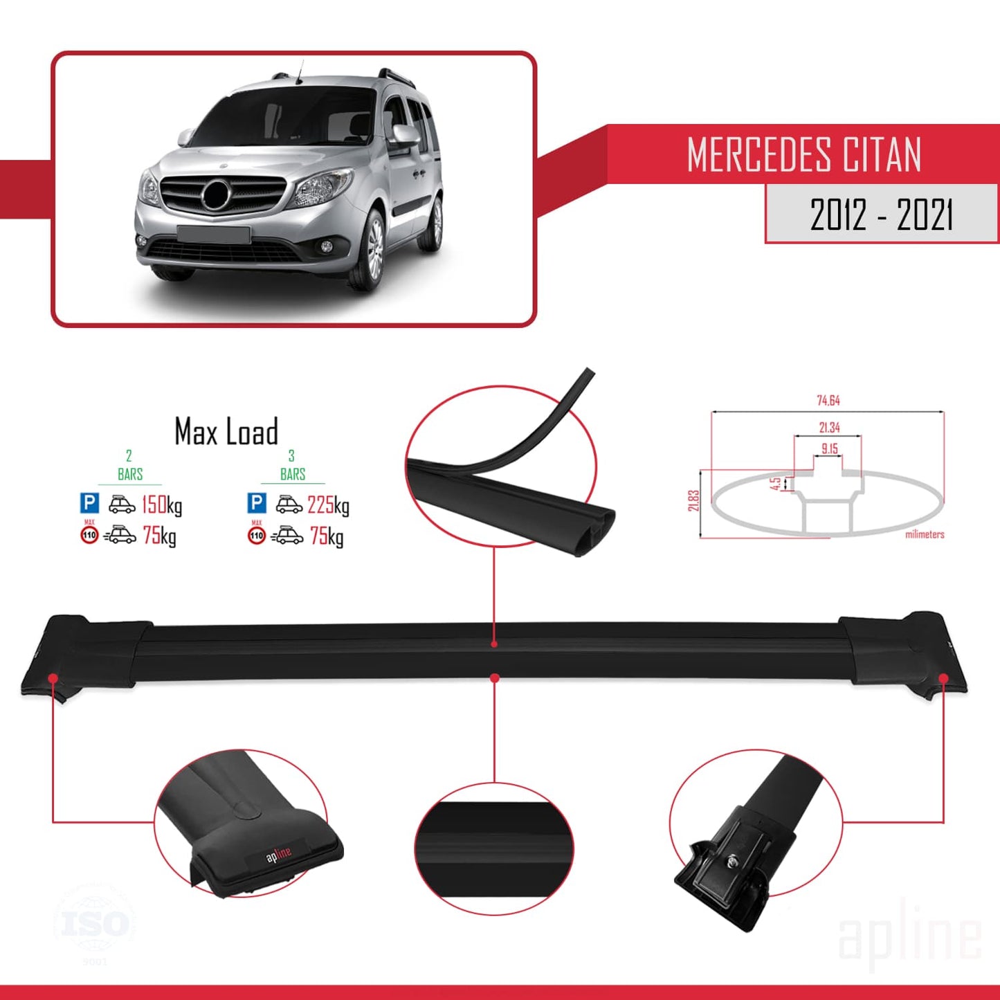Compatible with Mercedes Citan (W415) 2012-2021 FLY Model Car Roof Rack Cross Bar Black Aluminium 2 Bars