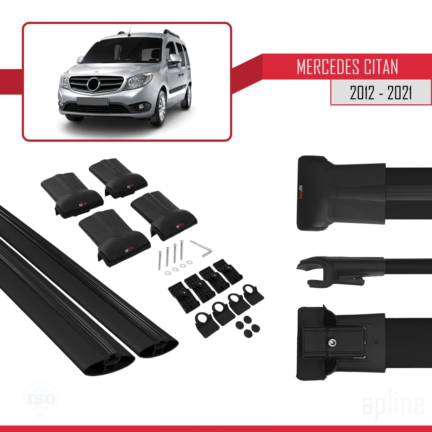 Compatible with Mercedes Citan (W415) 2012-2021 FLY Model Car Roof Rack Cross Bar Black Aluminium 2 Bars