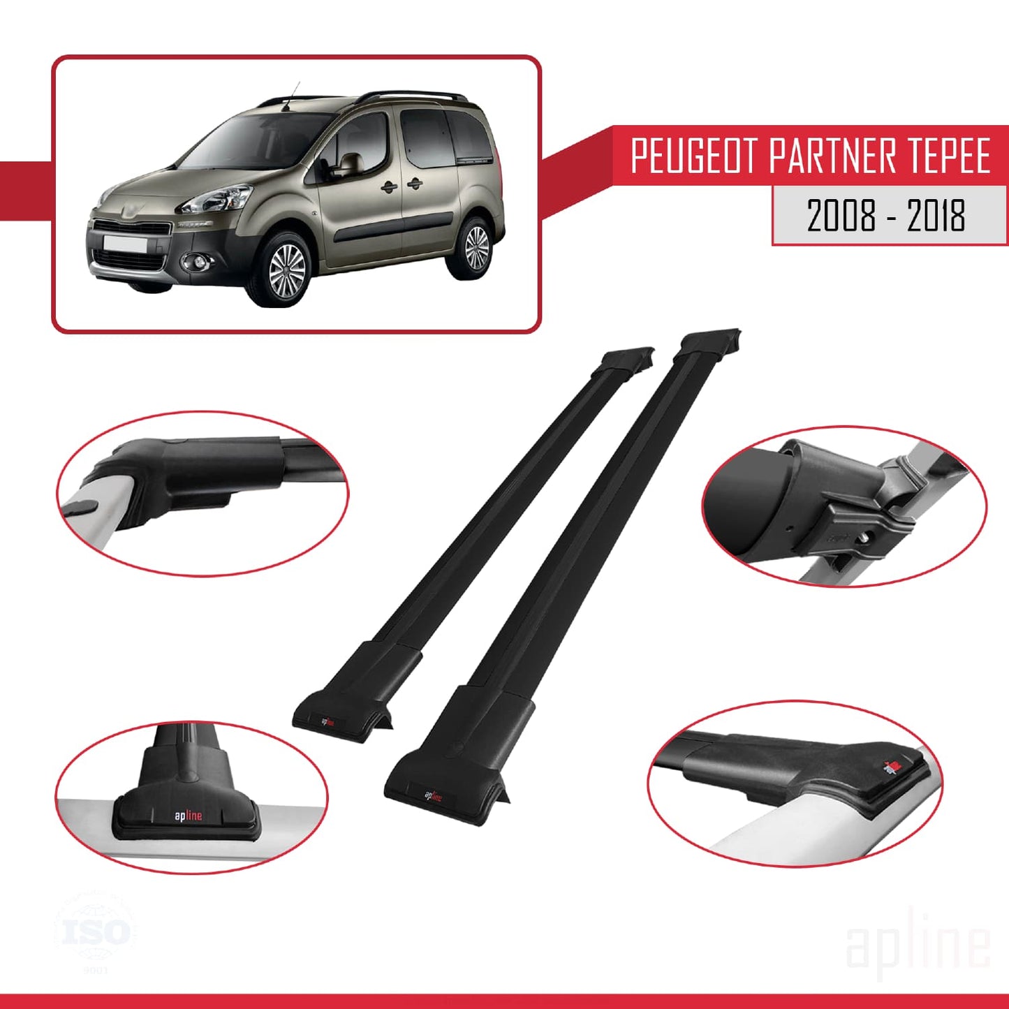 Compatible with Peugeot Partner 2 Tepee 2008-2018 FLY Model Car Roof Rack Cross Bar Black Aluminium 2 Bars