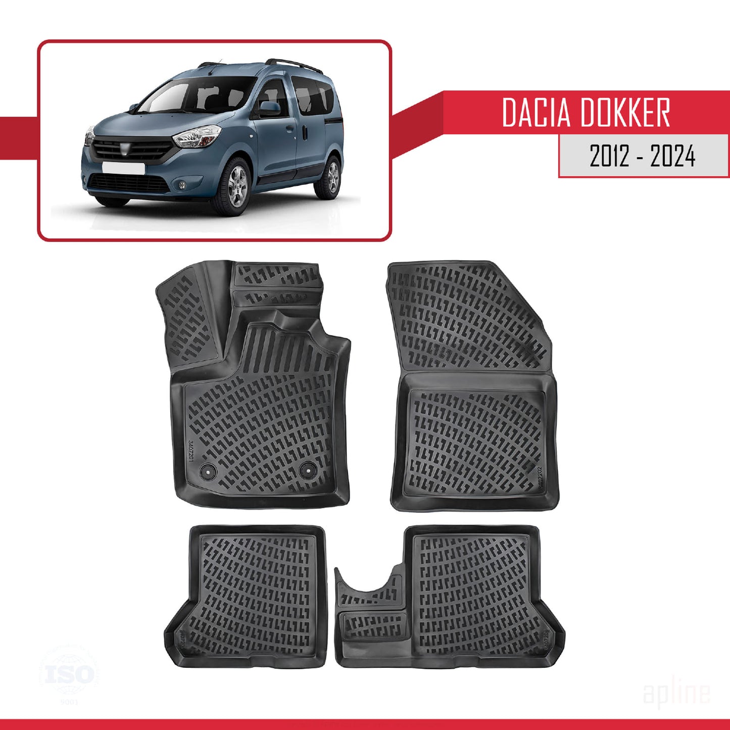 Compatible avec Dacia Dokker (K67) 2012-2024 4D Tapis de Voiture Noir