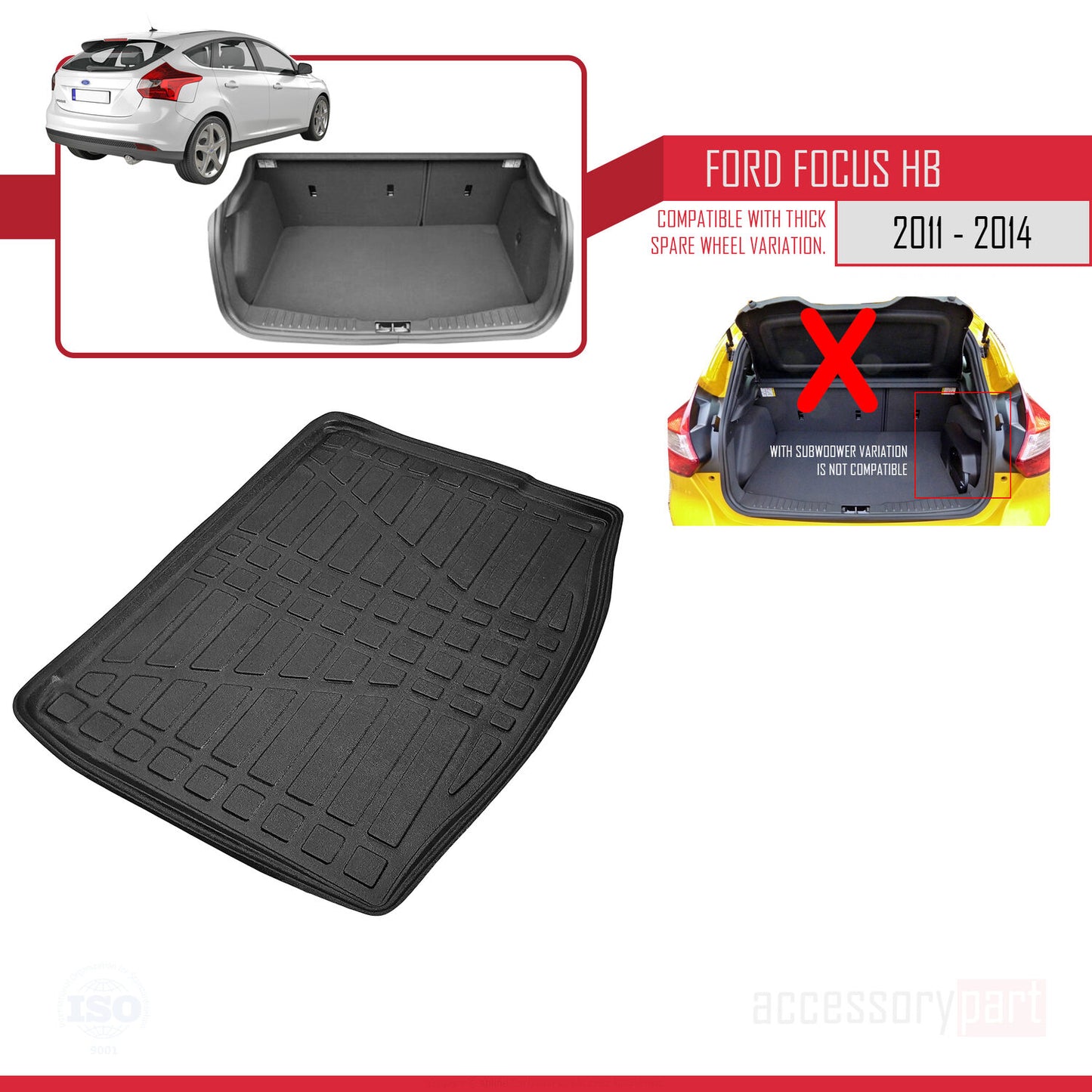 Trunk Mats for Ford Focus 3 HB 2011-2014 Cargo Liner BLACK