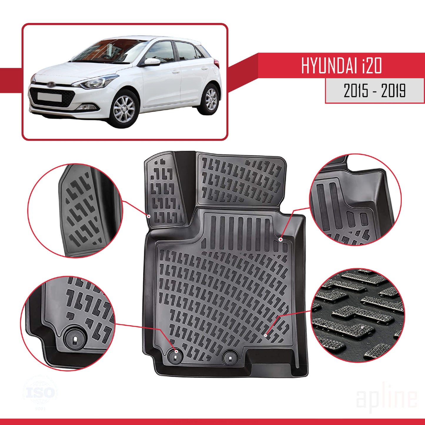 Compatible avec Hyundai i20 II (GB) 2015-2019 4D Tapis de Voiture Noir
