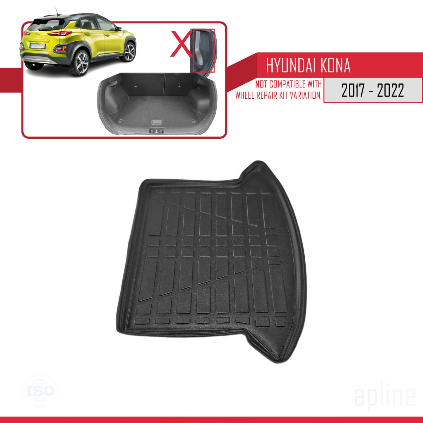 Compatible avec Hyundai Kona (OS) 2017-2022 Flexible Tapis de Coffre Plancher de Chargement Noir