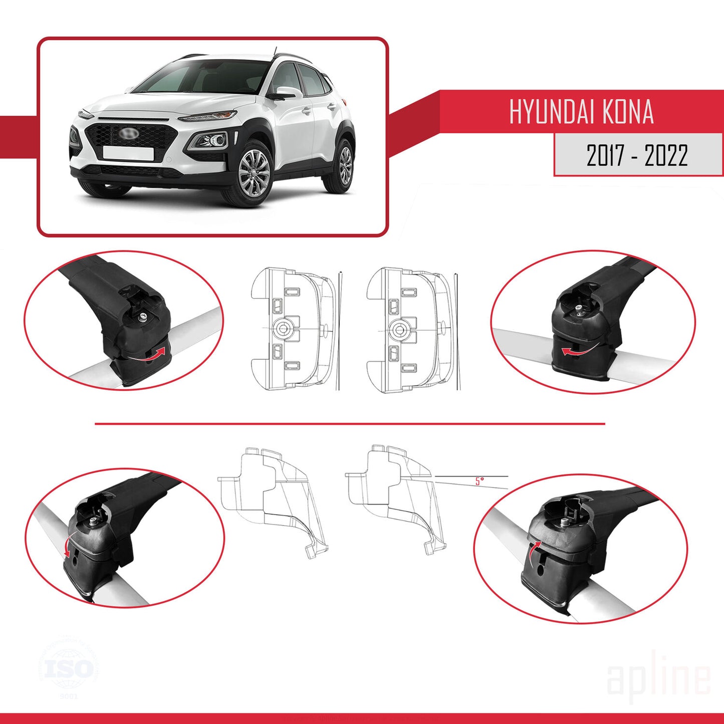 Compatible avec Hyundai Kona (OS) 2017-2022 ACE-2 Barres de Toit Railing Porte-Bagages de Voiture Noir Aluminium 2 Barres