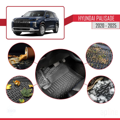 Compatible avec Hyundai Palisade (7 Koltuk) 2020-2025 4D Tapis de Voiture Noir