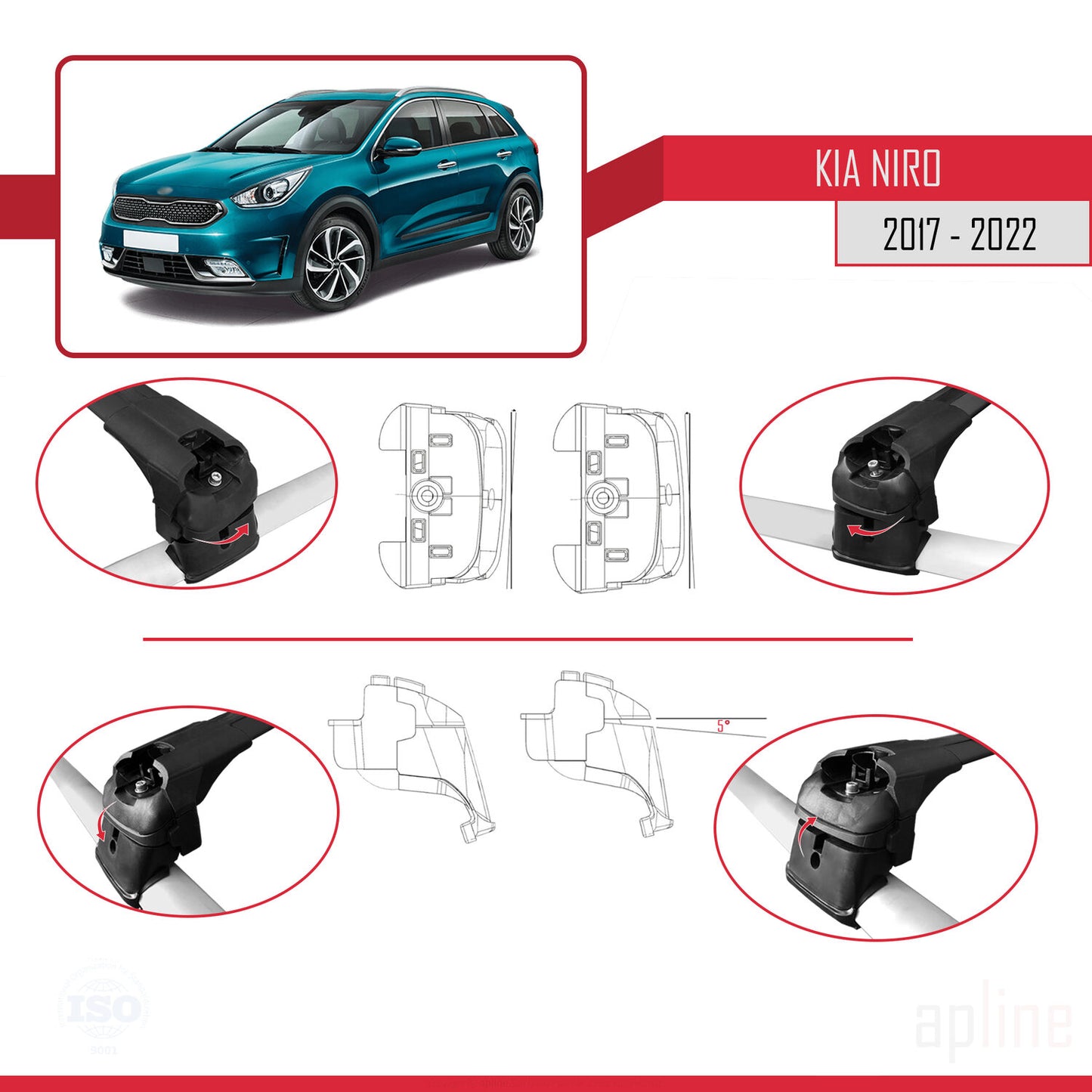Compatible avec Kia Niro (DE) 2017-2022 ACE-2 Barres de Toit Railing Porte-Bagages de Voiture Noir Aluminium 2 Barres