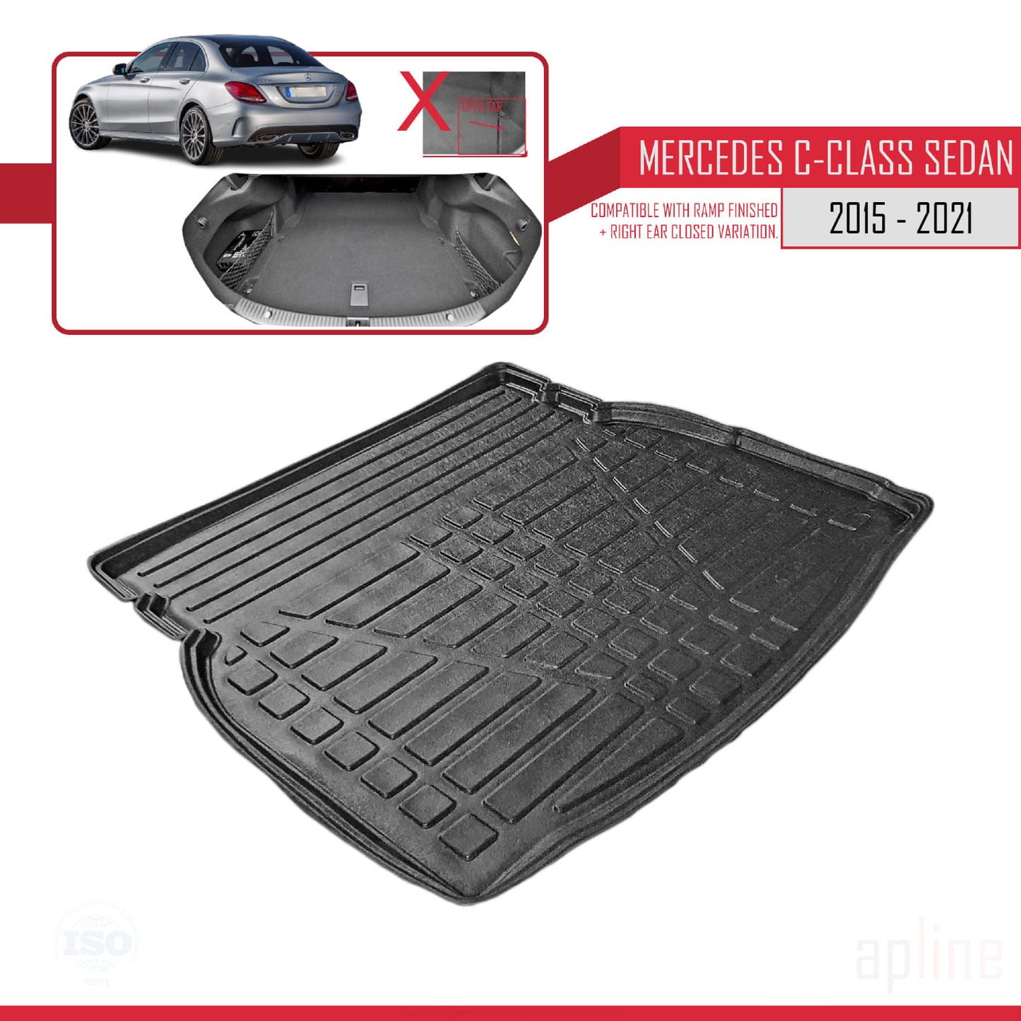 Compatible with Mercedes C Class 4 (W205) 2015-2021 Flexible Trunk Mats Cargo Liner Black