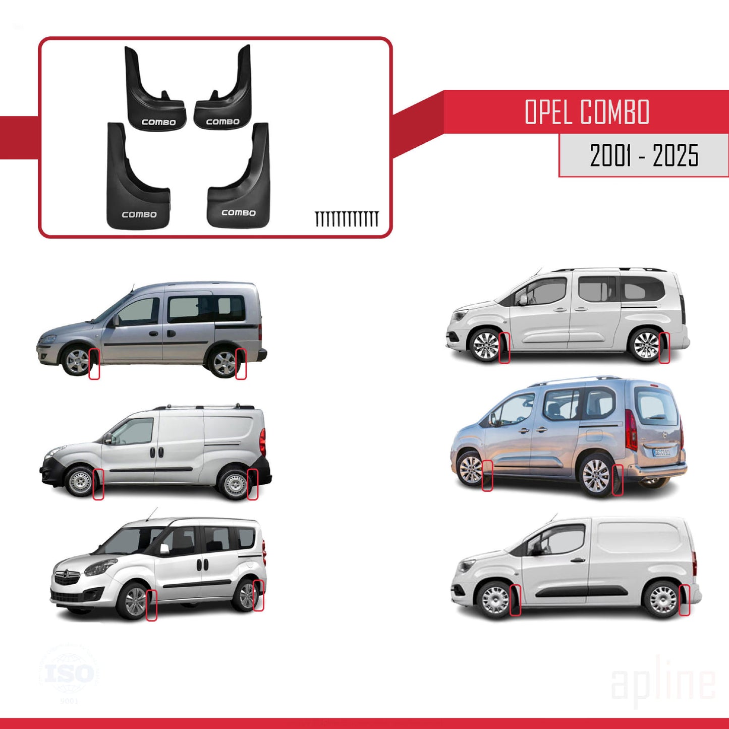 Compatible avec Opel Combo 2001-2025 Jeu de Bavettes Garde-boue Avant et Arrière de Voiture 4 Pcs Noir