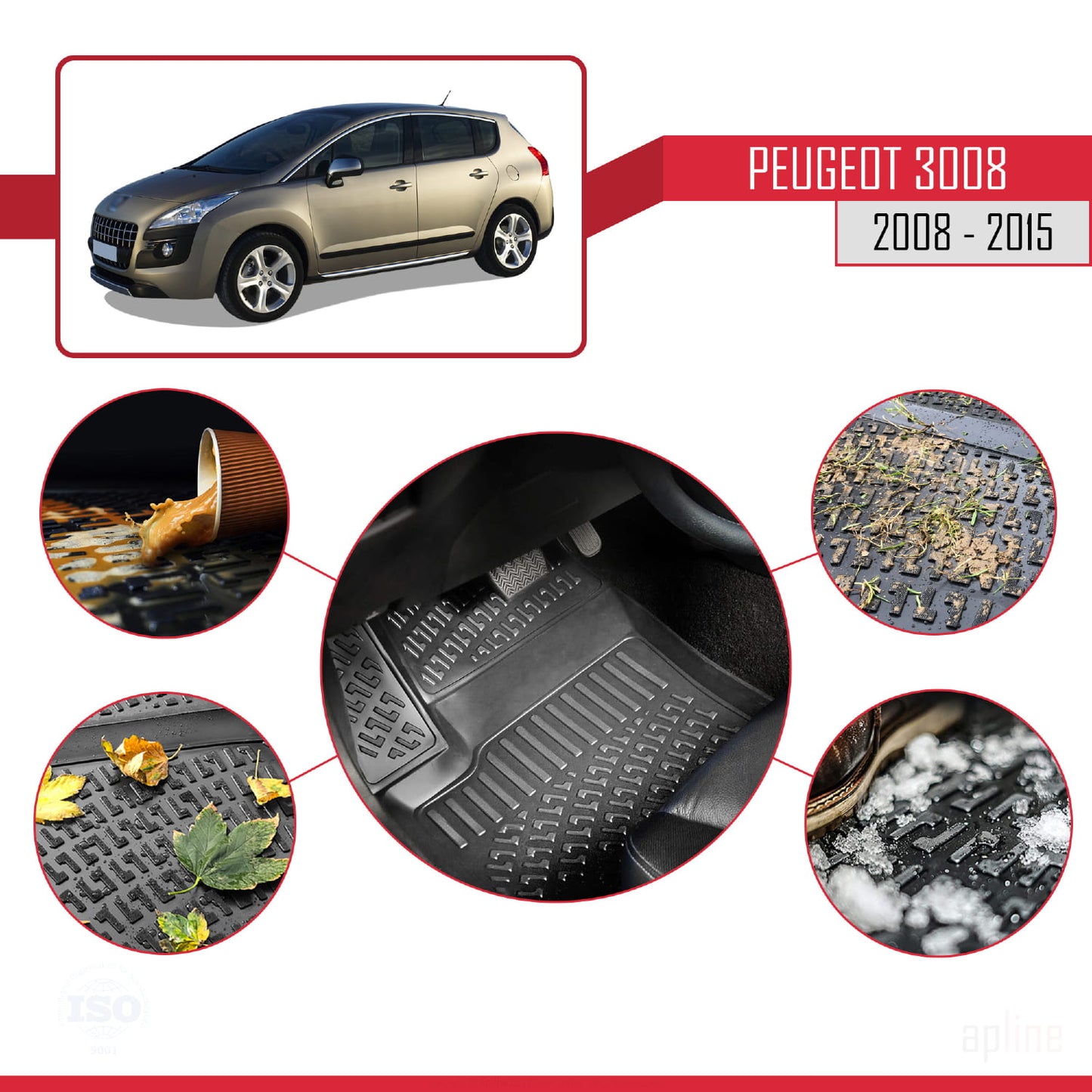 Compatible avec Peugeot 3008 (T84) 2008-2015 4D Tapis de Voiture Noir