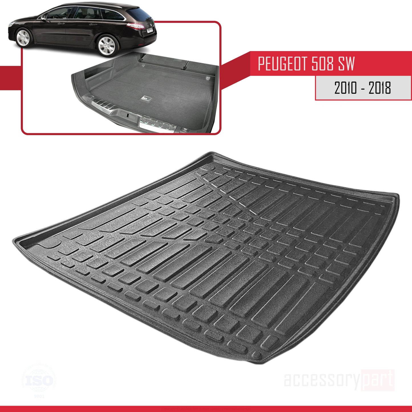 Compatible avec Peugeot 508 (W23) Break 2010-2018 Flexible Tapis de Coffre Plancher de Chargement Noir