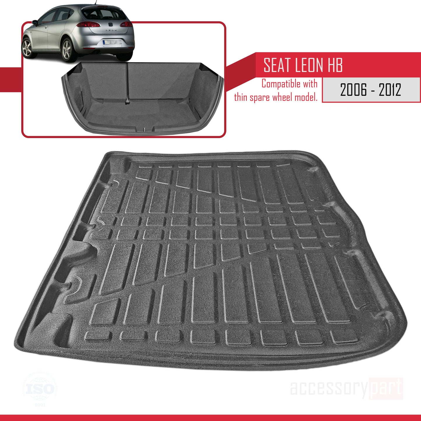 Compatible avec Seat Leon 2 (1P) 2006-2012 Flexible Tapis de Coffre Plancher de Chargement Noir