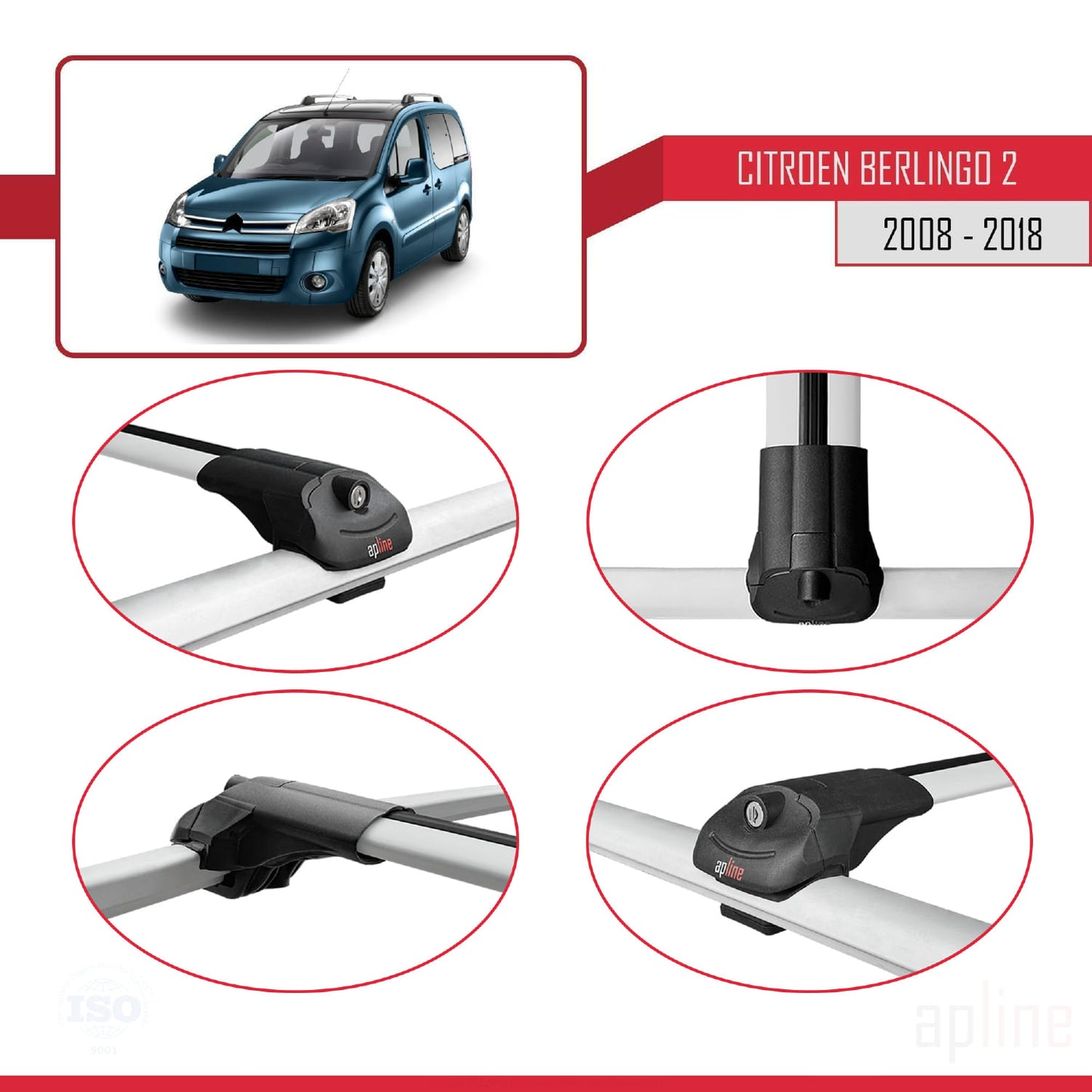 Compatible avec Citroen Berlingo 2 (B9) 2008-2018 ACE-1 Barres de Toit Railing Porte-Bagages de Voiture Gris Aluminium 4 Barres