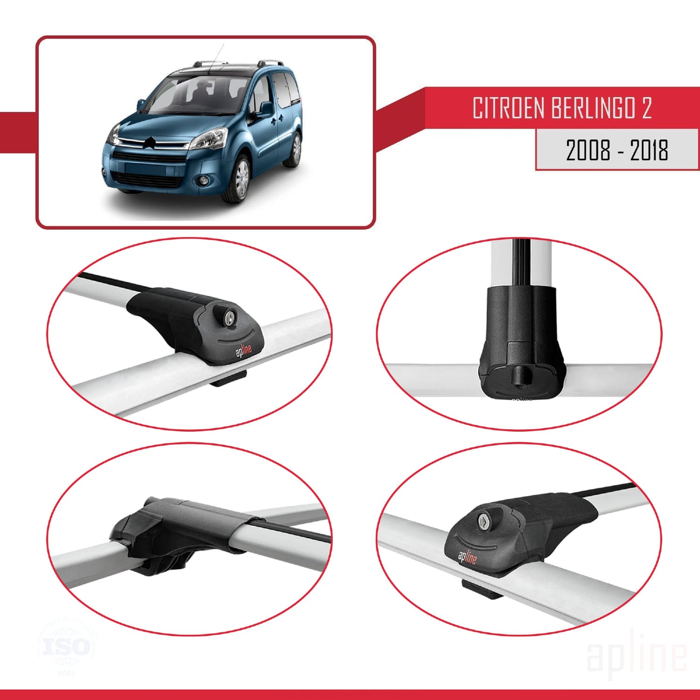 Compatible avec Citroen Berlingo 2 (B9) 2008-2018 ACE-1 Barres de Toit Railing Porte-Bagages de Voiture Gris Aluminium 2 Barres