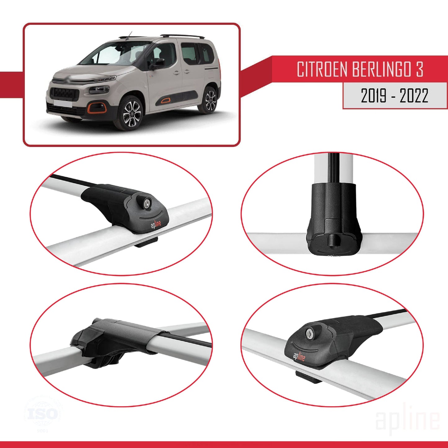 Compatible with Citroen Berlingo 3 (K9) 2019-2022 ACE-1 Car Roof Rack Cross Bar Grey Aluminium 4 Bars