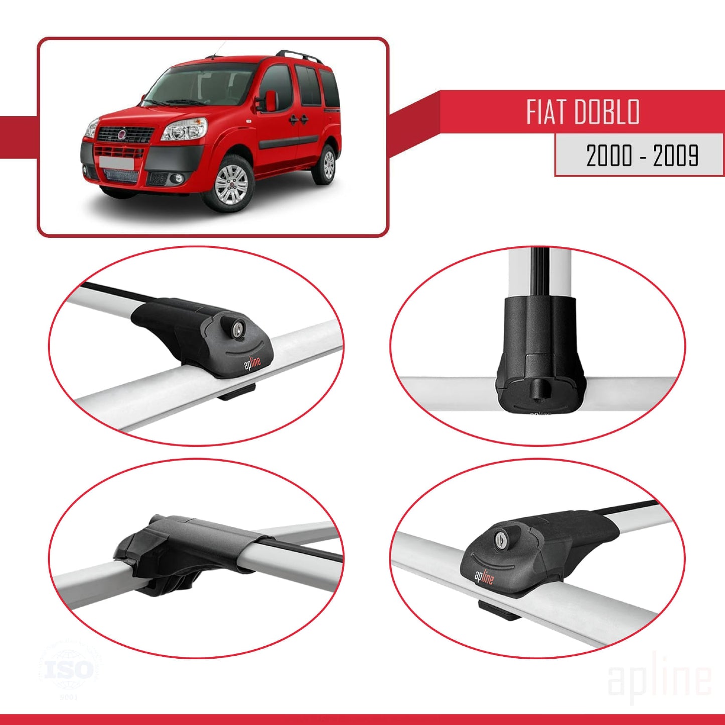 Compatible avec Fiat Doblo 2000-2009 ACE-1 Barres de Toit Railing Porte-Bagages de Voiture Gris Aluminium 4 Barres