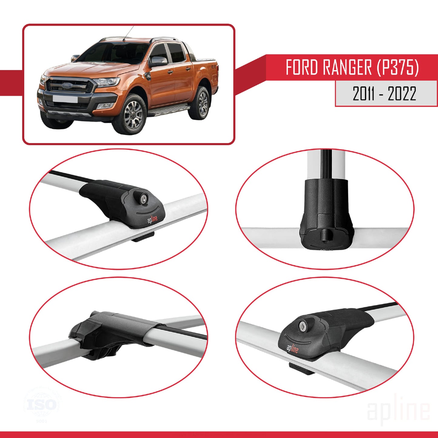 Compatible with Ford Ranger (P375) 2011-2022 ACE-1 Car Roof Rack Cross Bar Grey Aluminium 3 Bars
