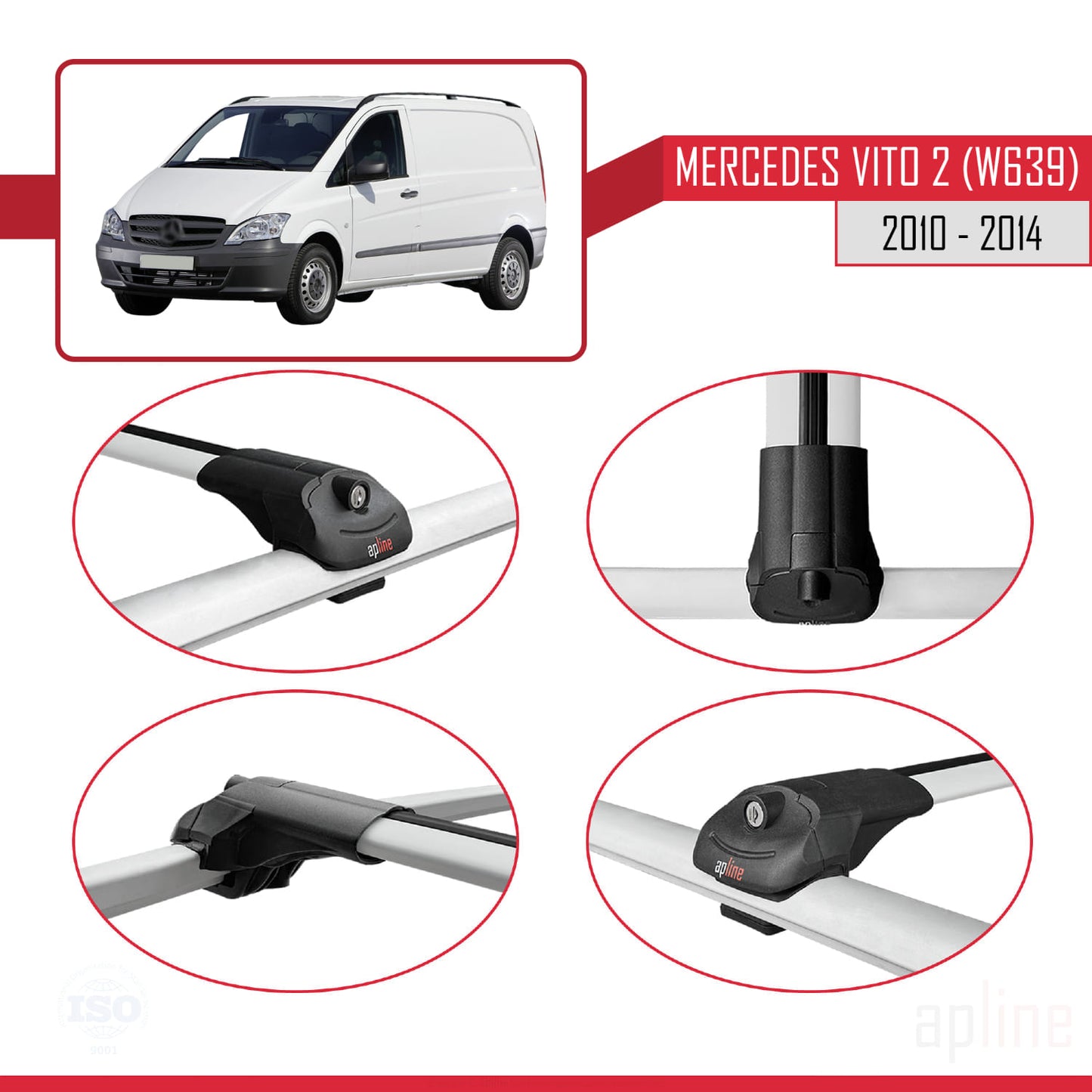 Compatible with Mercedes Vito 2 (W639) Post-Facelift 2010-2014 ACE-1 Car Roof Rack Cross Bar Grey Aluminium 3 Bars