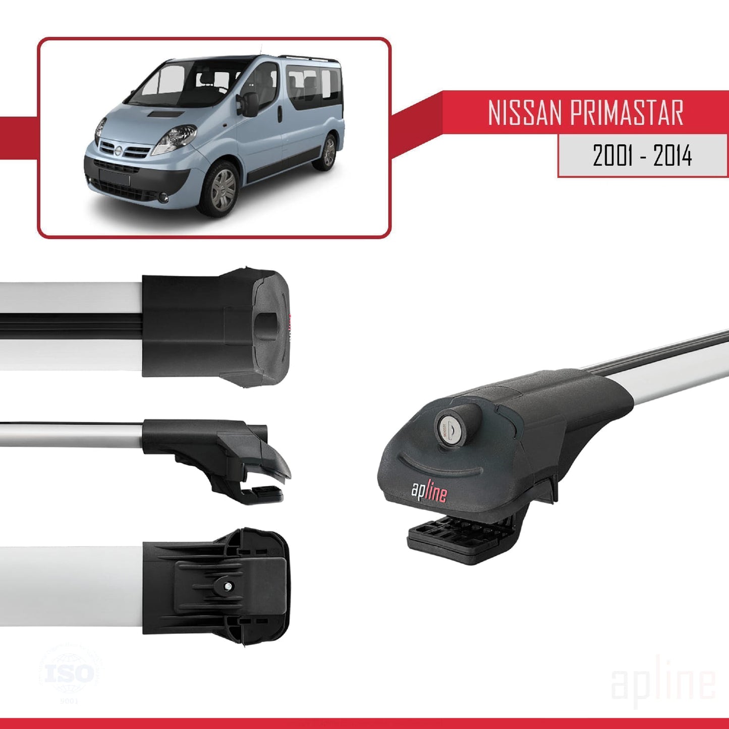 Compatible with Nissan Primastar 2001-2014 ACE-1 Car Roof Rack Cross Bar Grey Aluminium 3 Bars
