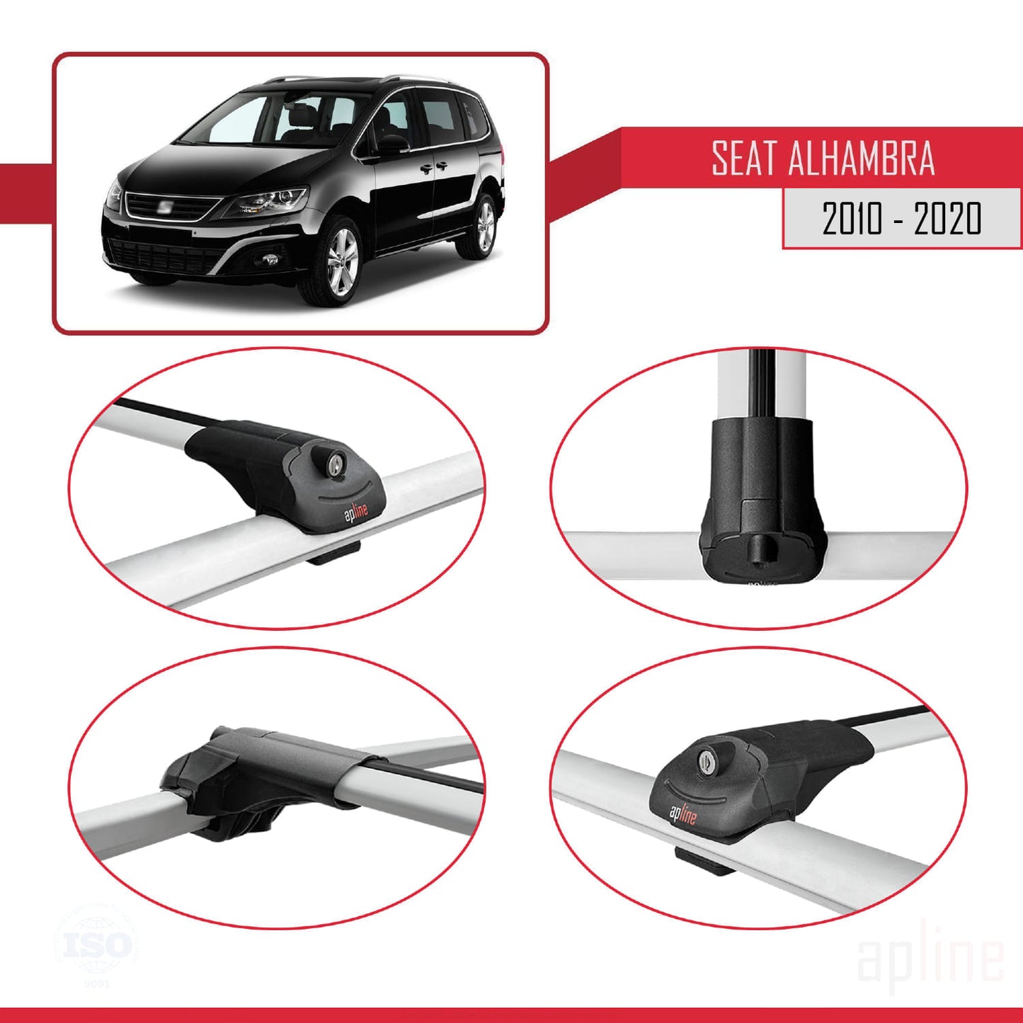 Compatible avec Seat Alhambra 2 (7N) 2010-2020 ACE-1 Barres de Toit Railing Porte-Bagages de Voiture Gris Aluminium 3 Barres