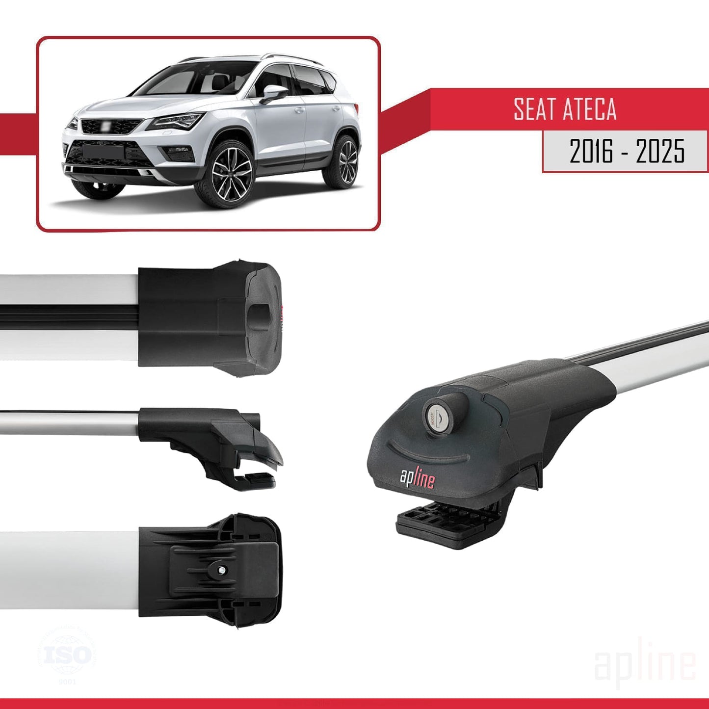 Compatible avec Seat Ateca (KH7) 2016-2025 ACE-1 Barres de Toit Railing Porte-Bagages de Voiture Gris Aluminium 3 Barres