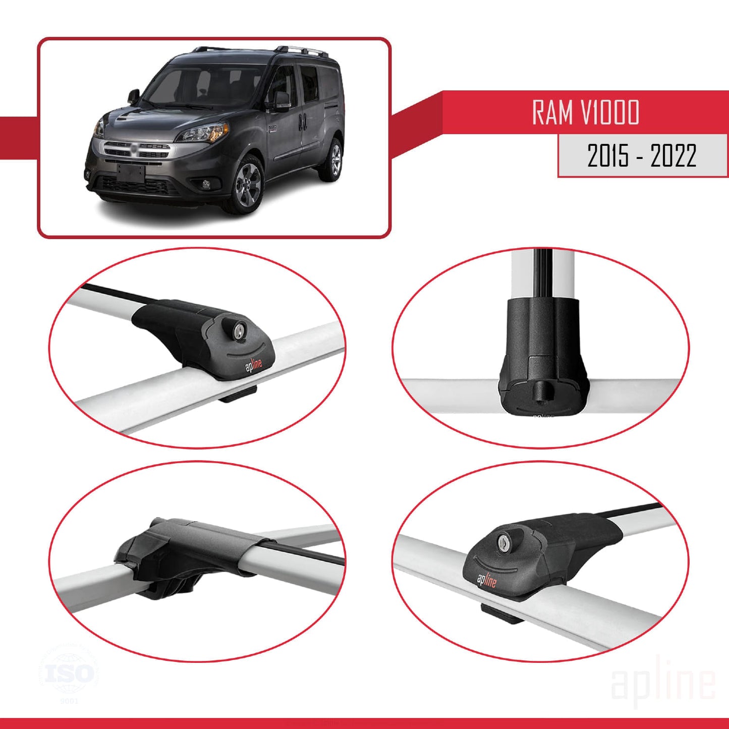 Compatible avec Ram V1000 2015-2022 ACE-1 Barres de Toit Railing Porte-Bagages de Voiture Gris Aluminium 3 Barres