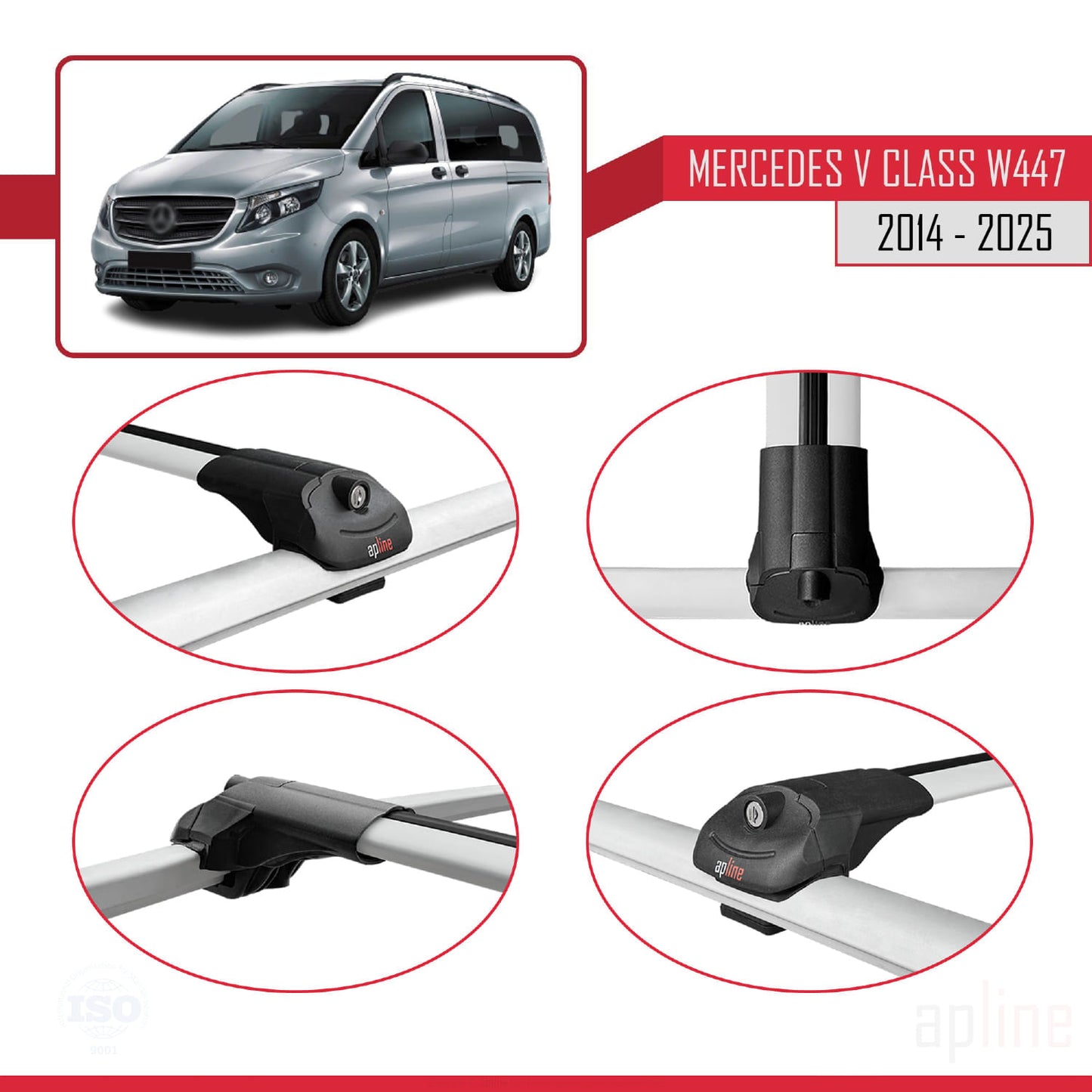 Compatible with Mercedes V Class 3 (W447) 2014-2025 ACE-1 Car Roof Rack Cross Bar Grey Aluminium 2 Bars