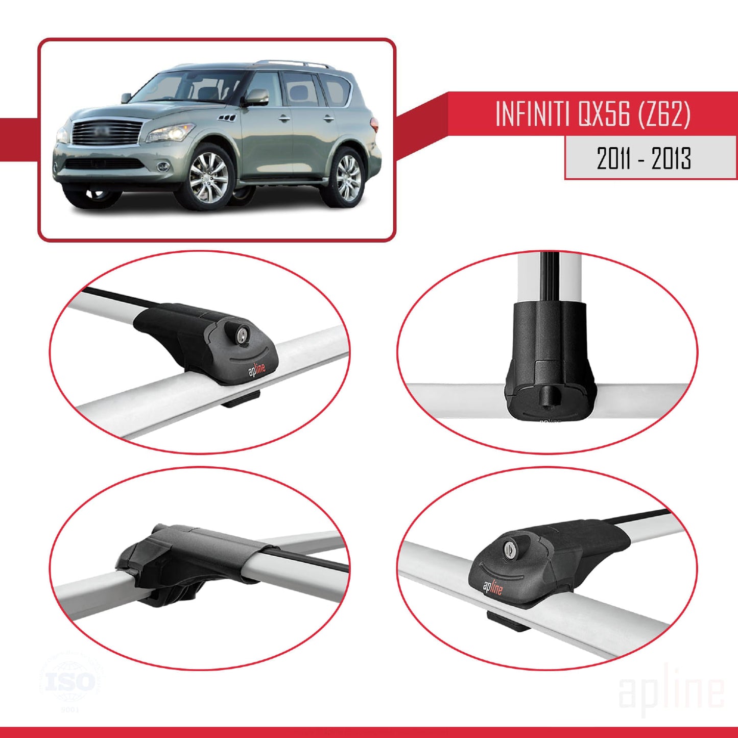 Compatible avec IInfiniti QX56 (Z62) 2011-2013 ACE-1 Barres de Toit Railing Porte-Bagages de Voiture Gris Aluminium 2 Barres