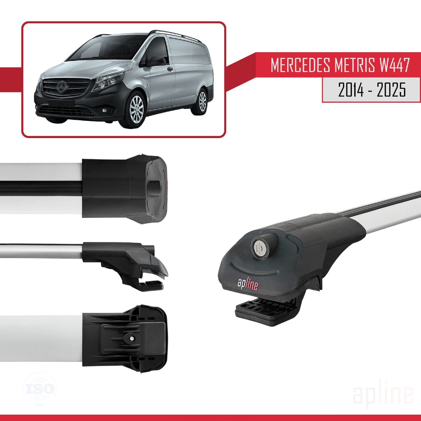 Compatible with Mercedes Metris (W447) 2014-2025 ACE-1 Car Roof Rack Cross Bar Grey Aluminium 2 Bars
