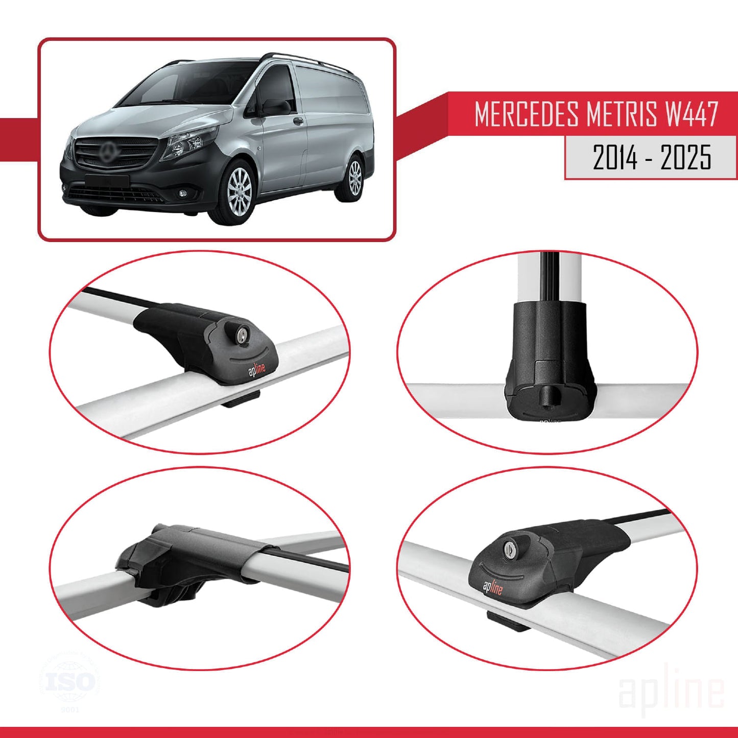Compatible with Mercedes Metris (W447) 2014-2025 ACE-1 Car Roof Rack Cross Bar Grey Aluminium 2 Bars
