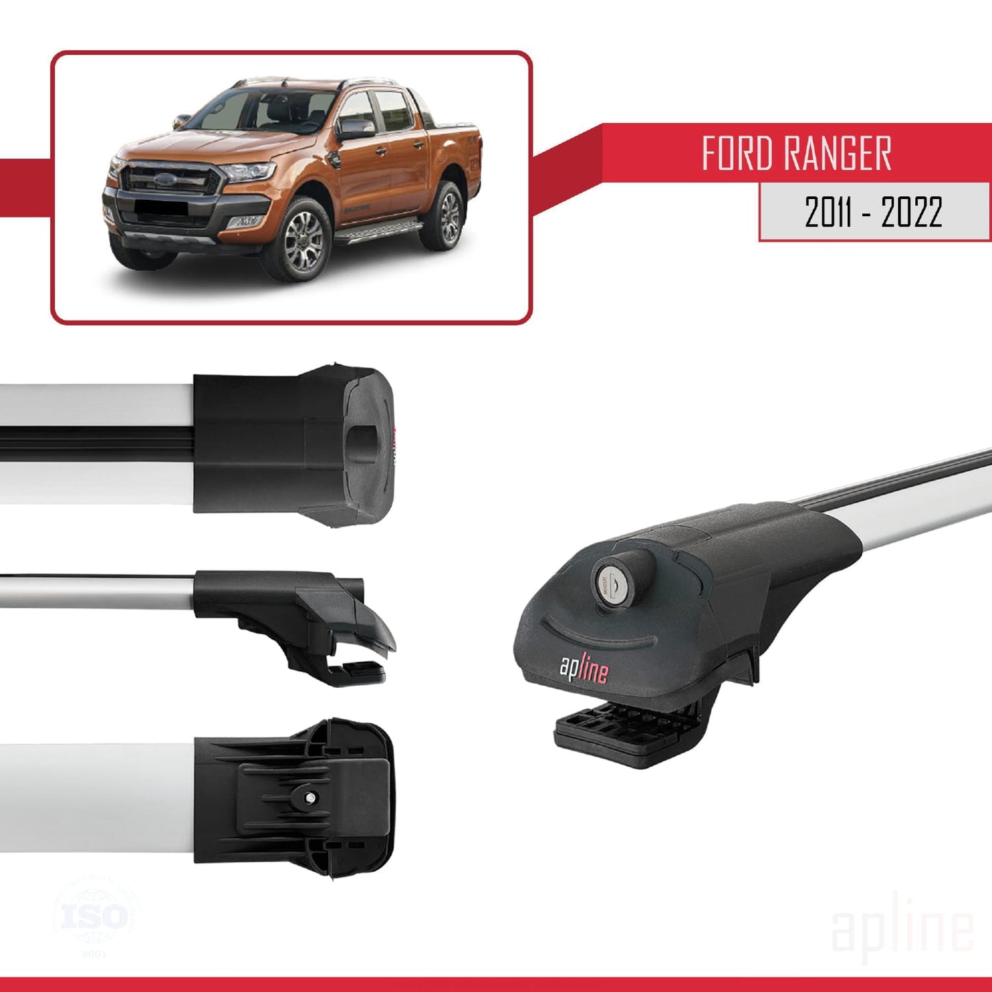 Compatible with Ford Ranger (P375) 2011-2022 ACE-1 Car Roof Rack Cross Bar Grey Aluminium 2 Bars