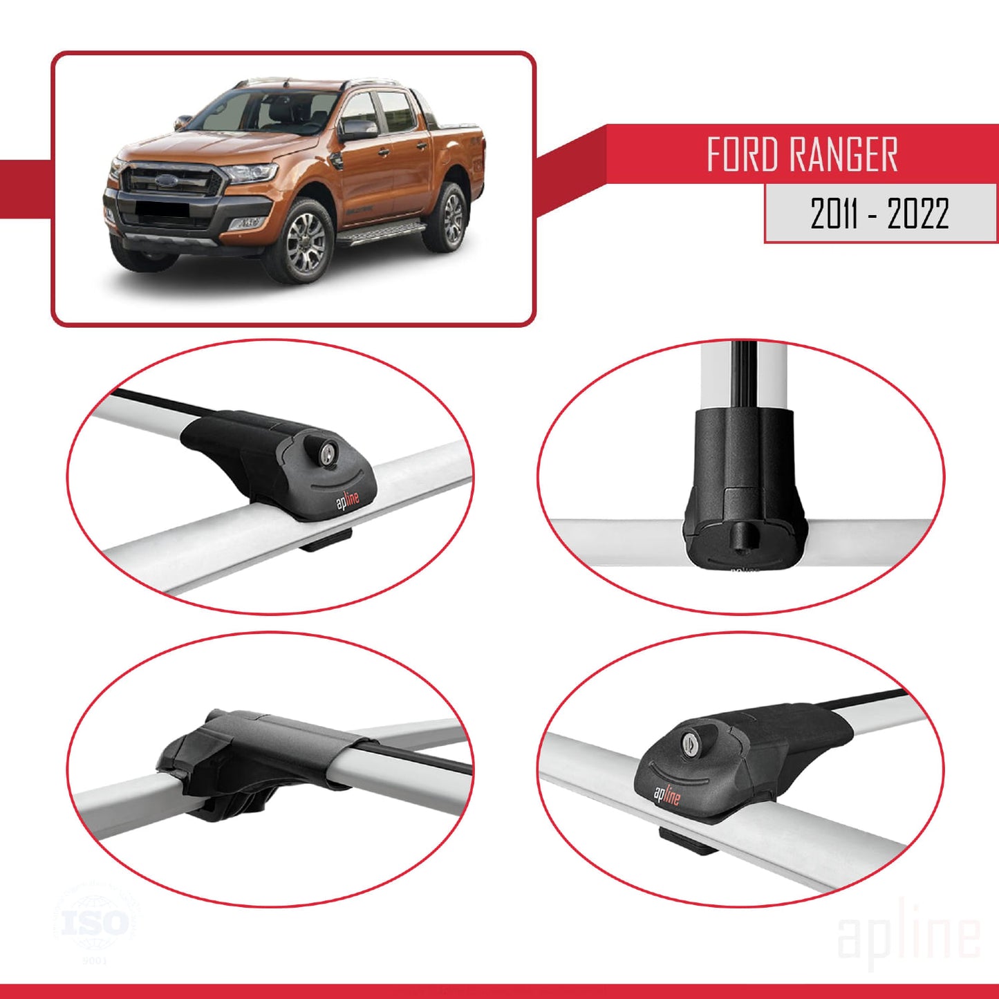 Compatible with Ford Ranger (P375) 2011-2022 ACE-1 Car Roof Rack Cross Bar Grey Aluminium 2 Bars