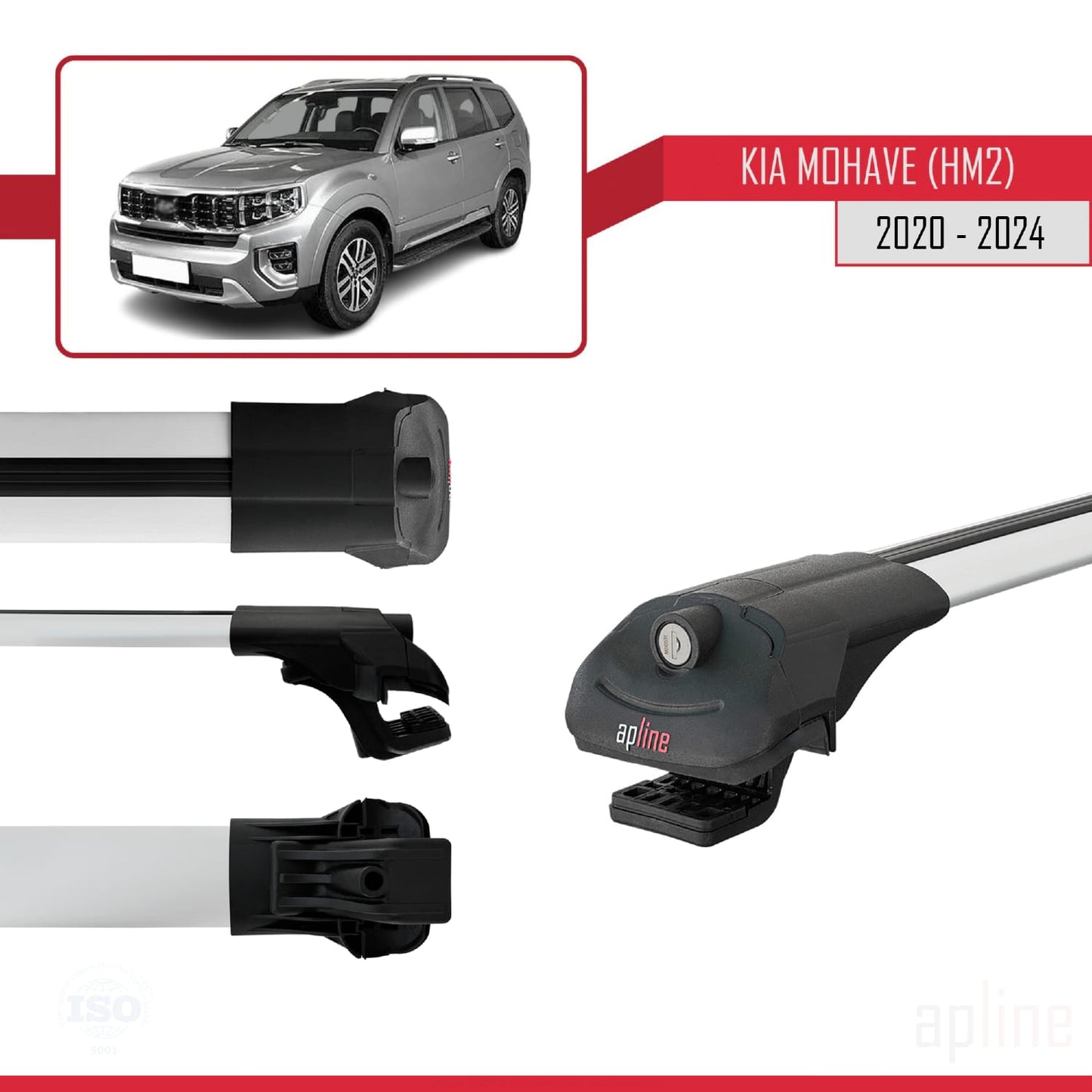 Compatible with Kia Mohave 2 (HM2) 2020-2024 ACE-1 Car Roof Rack Cross Bar Grey Aluminium 2 Bars