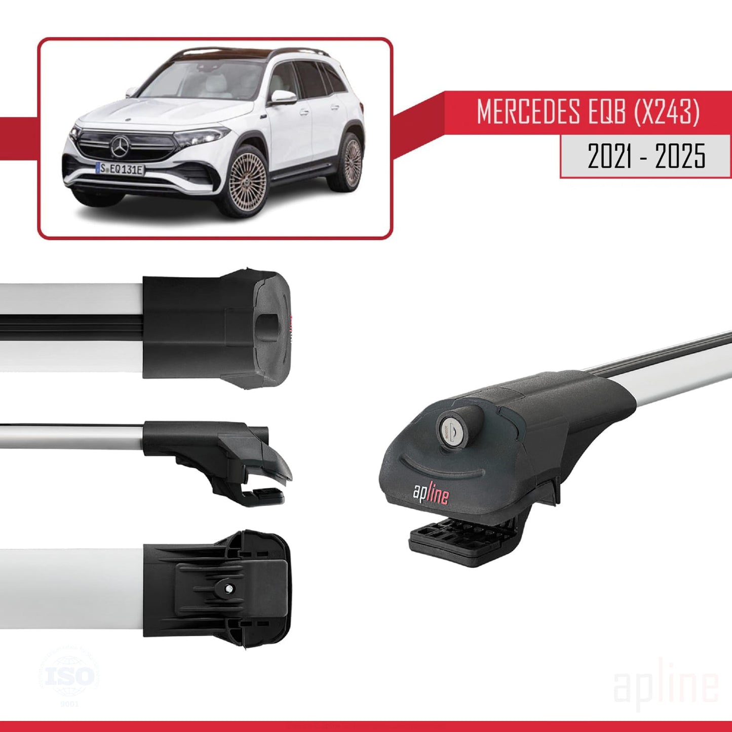 Compatible with Mercedes EQB (X243) 2021-2025 ACE-1 Car Roof Rack Cross Bar Grey Aluminium 3 Bars
