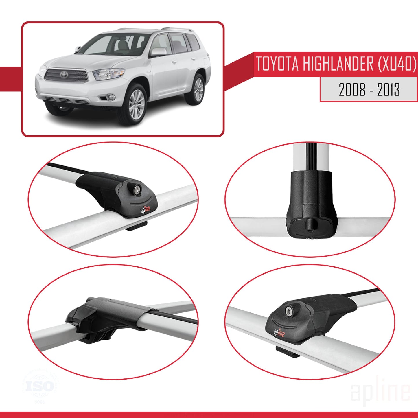 Compatible avec Toyota Highlander (XU40) 2008-2013 ACE-1 Barres de Toit Railing Porte-Bagages de Voiture Gris Aluminium 3 Barres