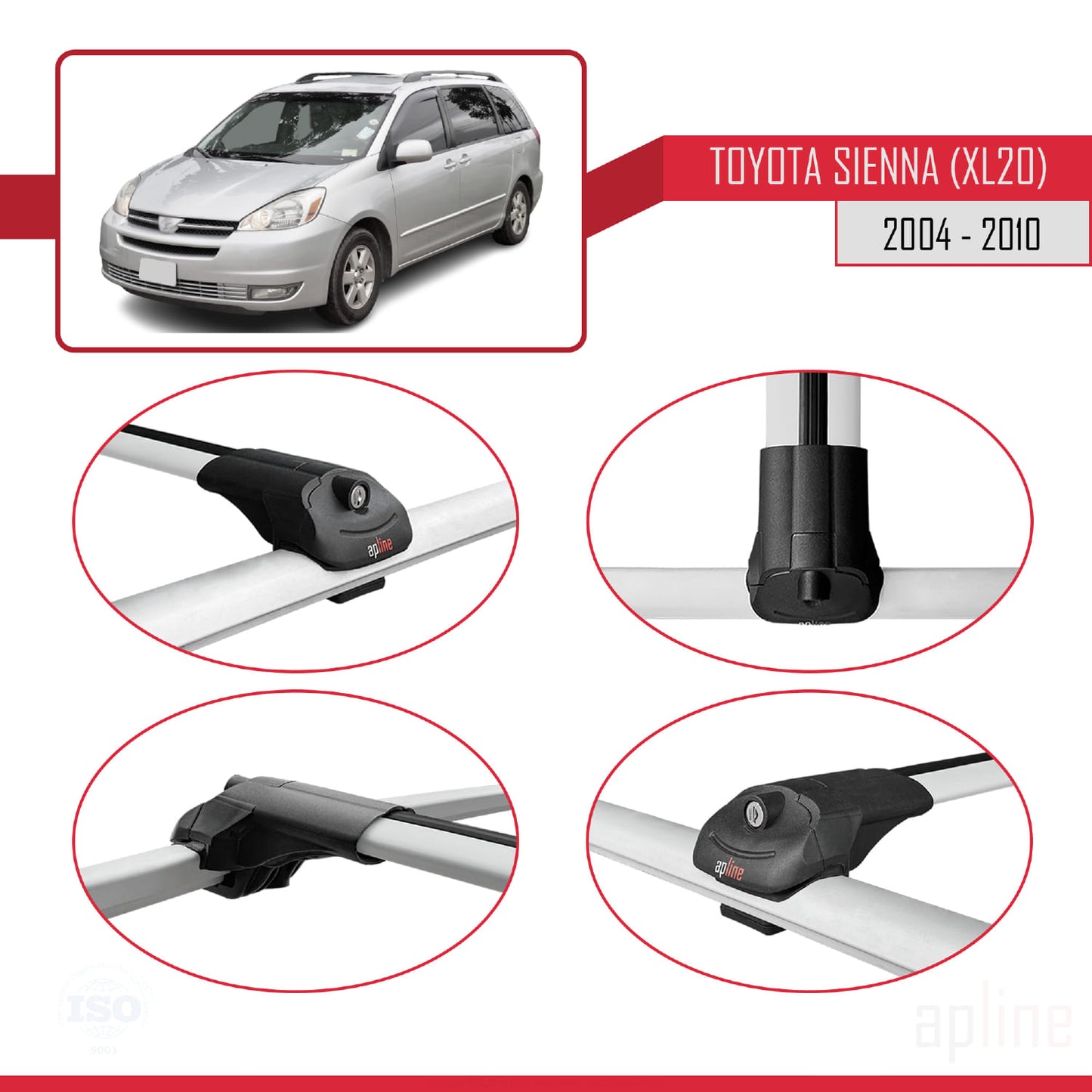 Compatible avec Toyota Sienna 2 (XL20) 2004-2010 ACE-1 Barres de Toit Railing Porte-Bagages de Voiture Gris Aluminium 2 Barres