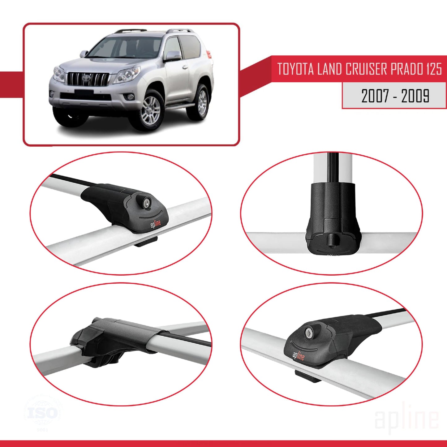 Compatible avec Toyota Land Cruiser Prado (J125) 2007-2009 ACE-1 Barres de Toit Railing Porte-Bagages de Voiture Gris Aluminium 3 Barres