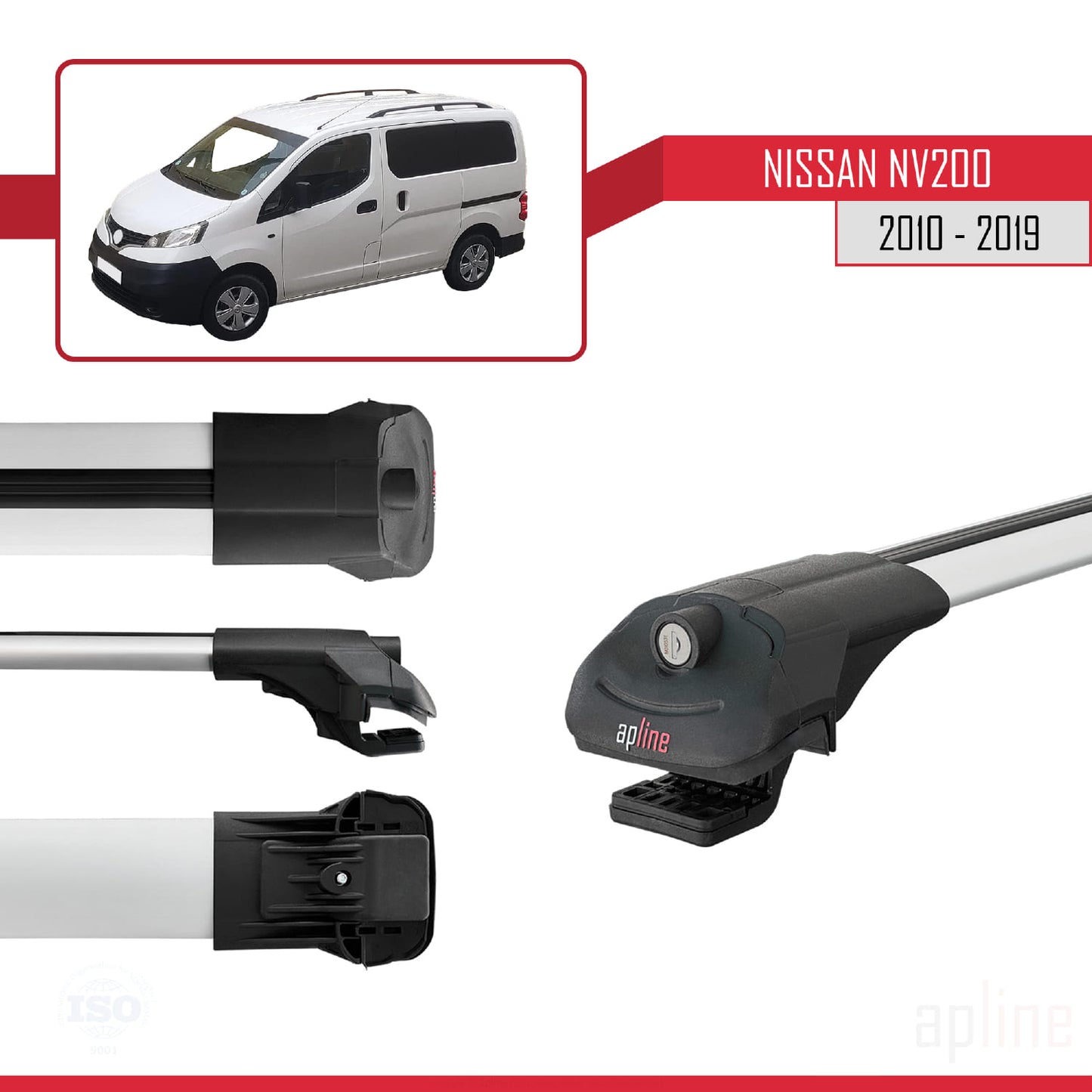Compatible avec Nissan NV200 (M20) 2010-2019 ACE-1 Barres de Toit Railing Porte-Bagages de Voiture Gris Aluminium 4 Barres