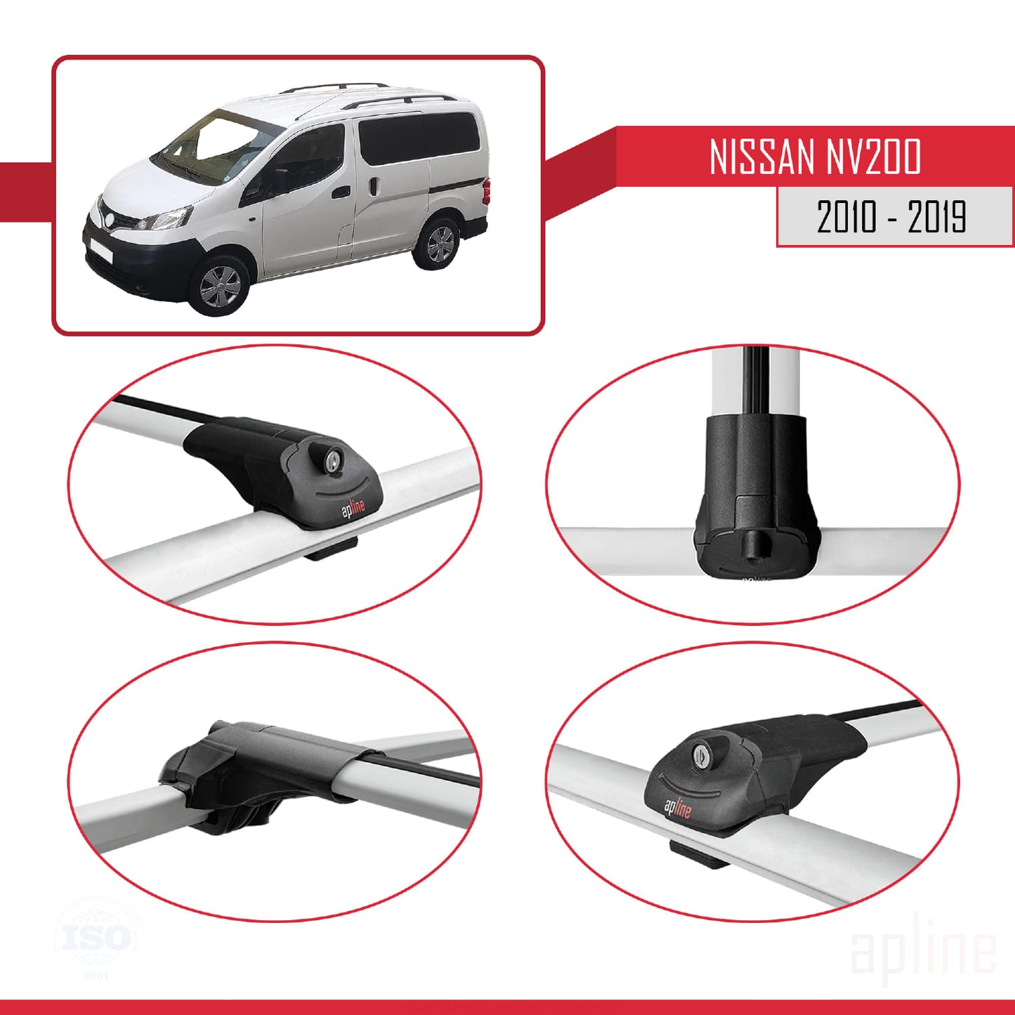 Compatible avec Nissan NV200 (M20) 2010-2019 ACE-1 Barres de Toit Railing Porte-Bagages de Voiture Gris Aluminium 4 Barres