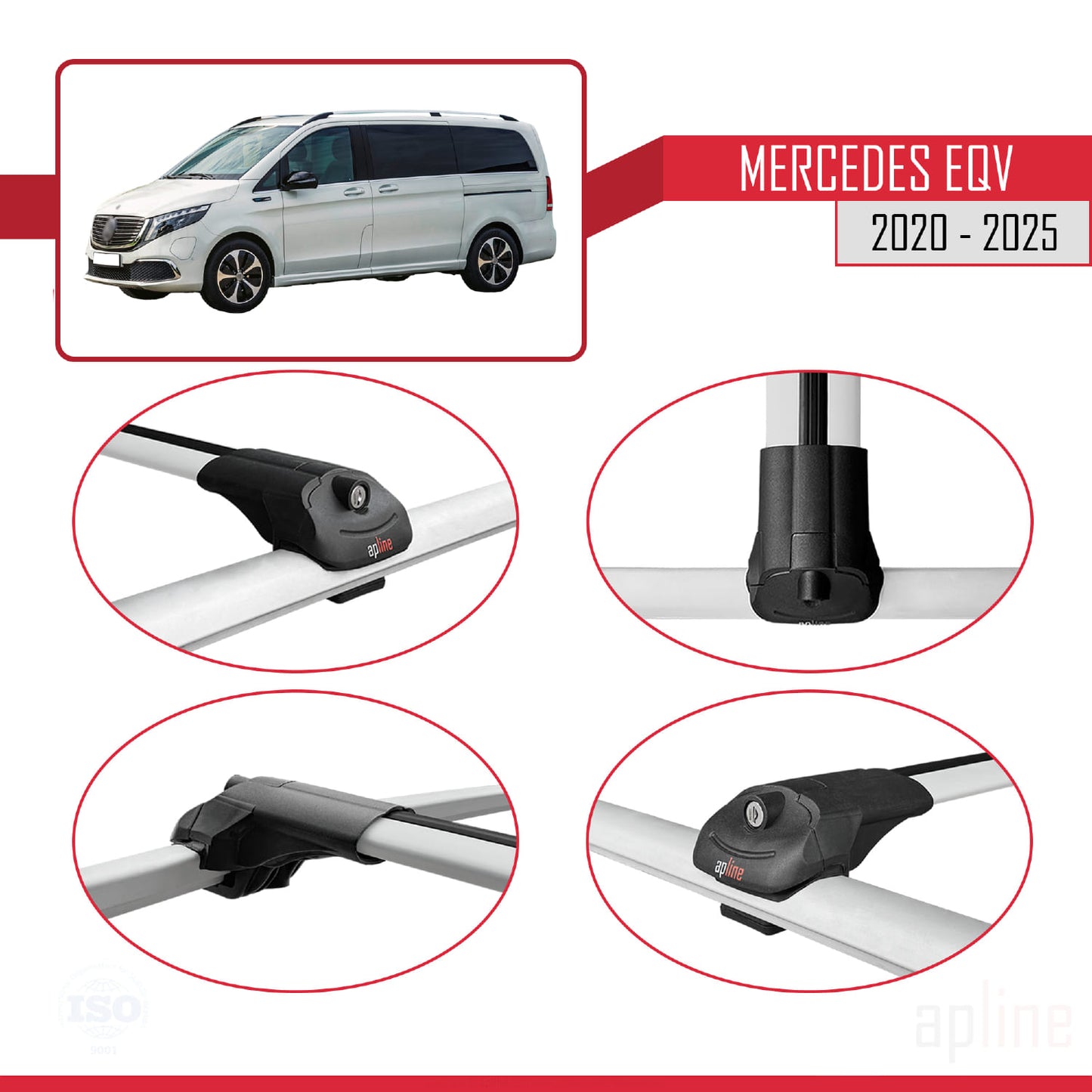 Compatible with Mercedes EQV (W447) 2020-2025 ACE-1 Car Roof Rack Cross Bar Grey Aluminium 3 Bars